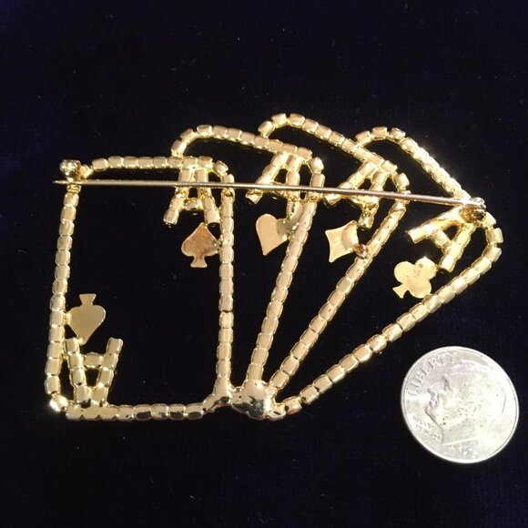 Four Aces Poker Hand Lucky Bling Rhinestone Brooch - Picture 3 of 4